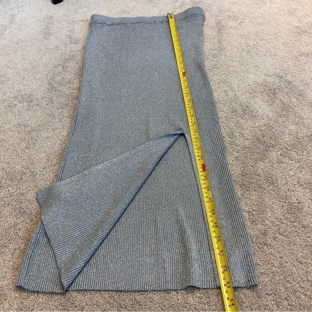 Zara metallic silver thread gray knit midi pencil skirt side slit Sz L NWOT - Picture 8 of 10